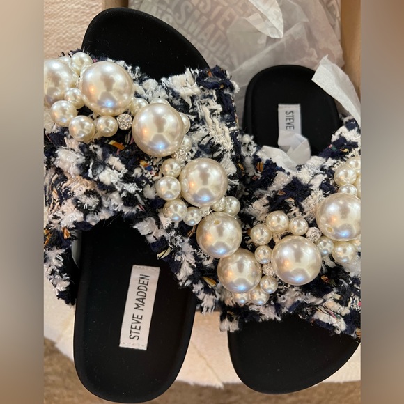 Steve Madden Shoes - STEVE MADDEN Tweed Fringe Amie Pearl Slides Sandals Shoes 36 5 5.5 HOST PICK